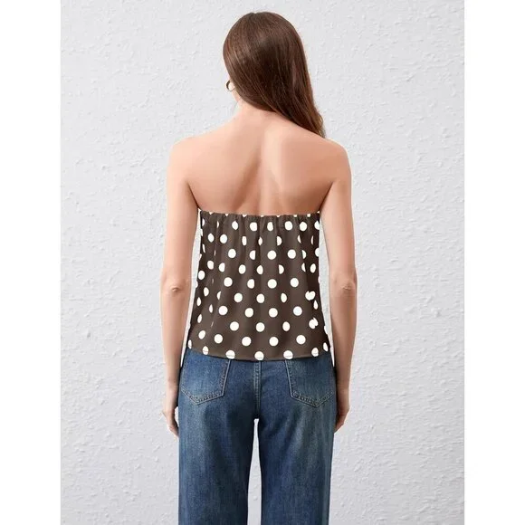 Womens Polka Dot Tube Top Strapless Backless Side Slit Casual Tank Blouse - Picture 4 of 5